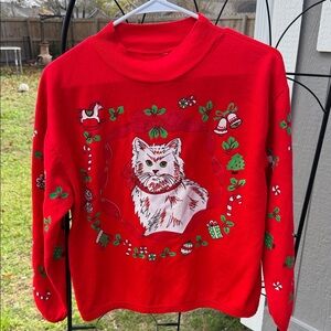 Vintage 80’s Red Christmas Cat Sweater